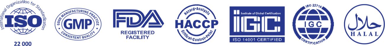 Международные сертификаты качества: ISO 22000, GMP, FDA, HACCP, ISO 14001, ISO 22716, Halal